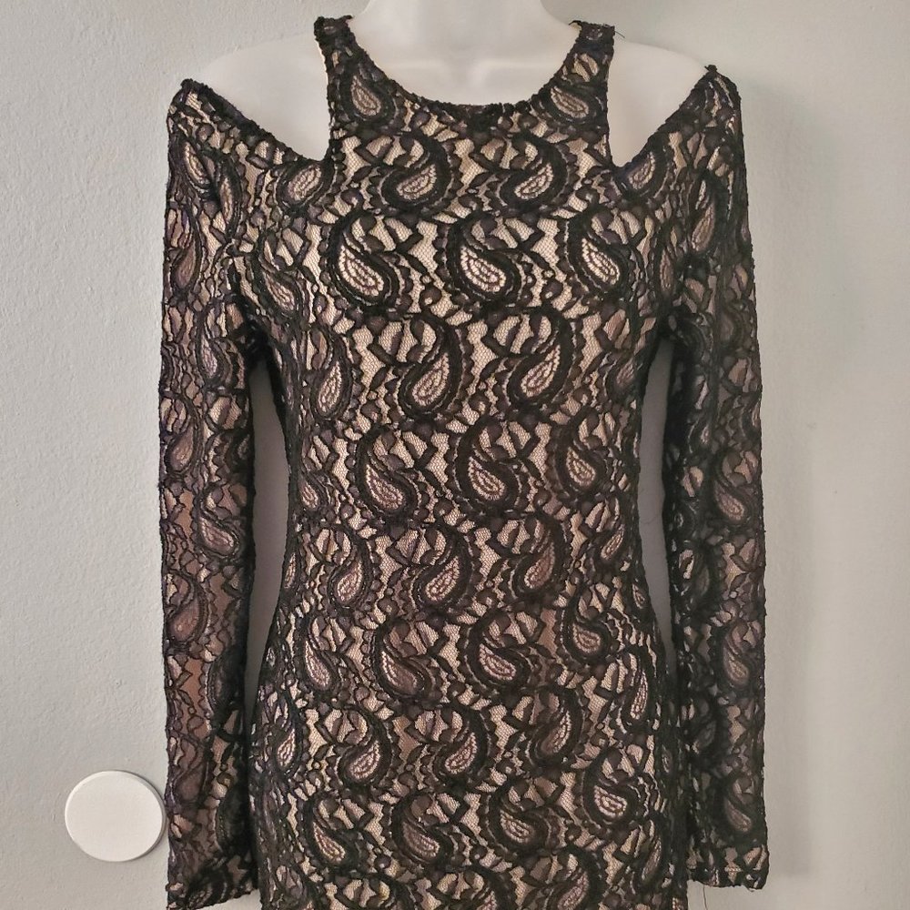 NikiBiki Long-Sleeve Black Nude Lace Dress Medium